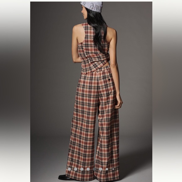NWT Anthropologie Plaid Wide-Leg Pants Red Black Sparkle The Avery Small Petite - Picture 6 of 17